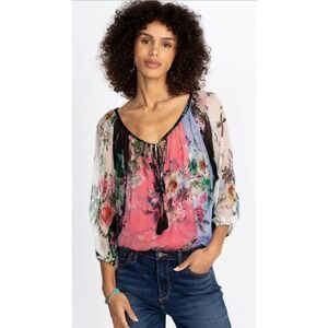 Johnny Was Jade Floral Print Boho Tassel V Neck Blouse Top Size L